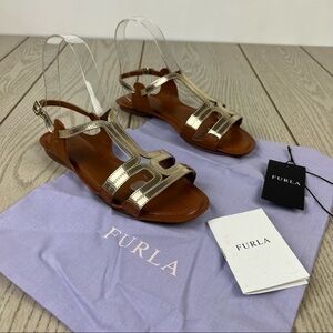 Furla Carmen Leather Vitello Sparkling Sandals 36 Gold & Cognac $365 Italy